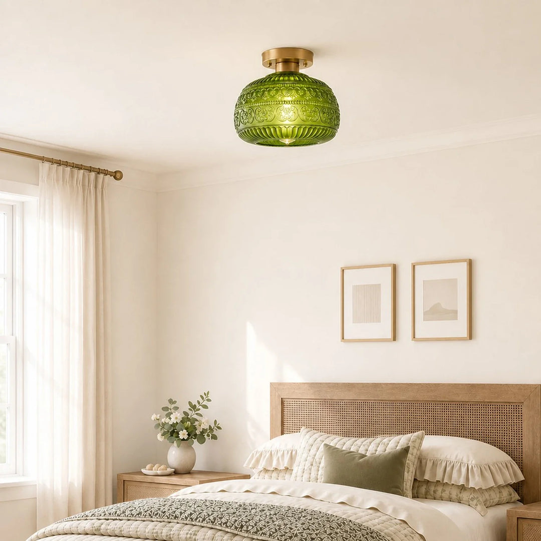 Oliver Carved Glass Oval Vintage Semi Flush Mount Ceiling Light