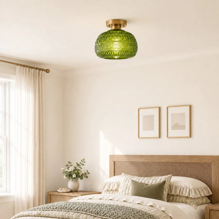 Oliver Carved Glass Oval Vintage Semi Flush Mount Ceiling Light