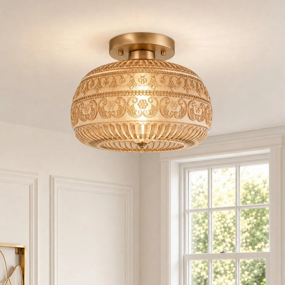 Oliver Carved Glass Oval Vintage Semi Flush Mount Ceiling Light