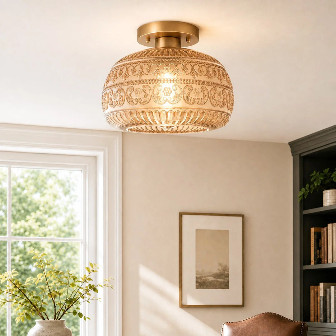 Oliver Carved Glass Oval Vintage Semi Flush Mount Ceiling Light