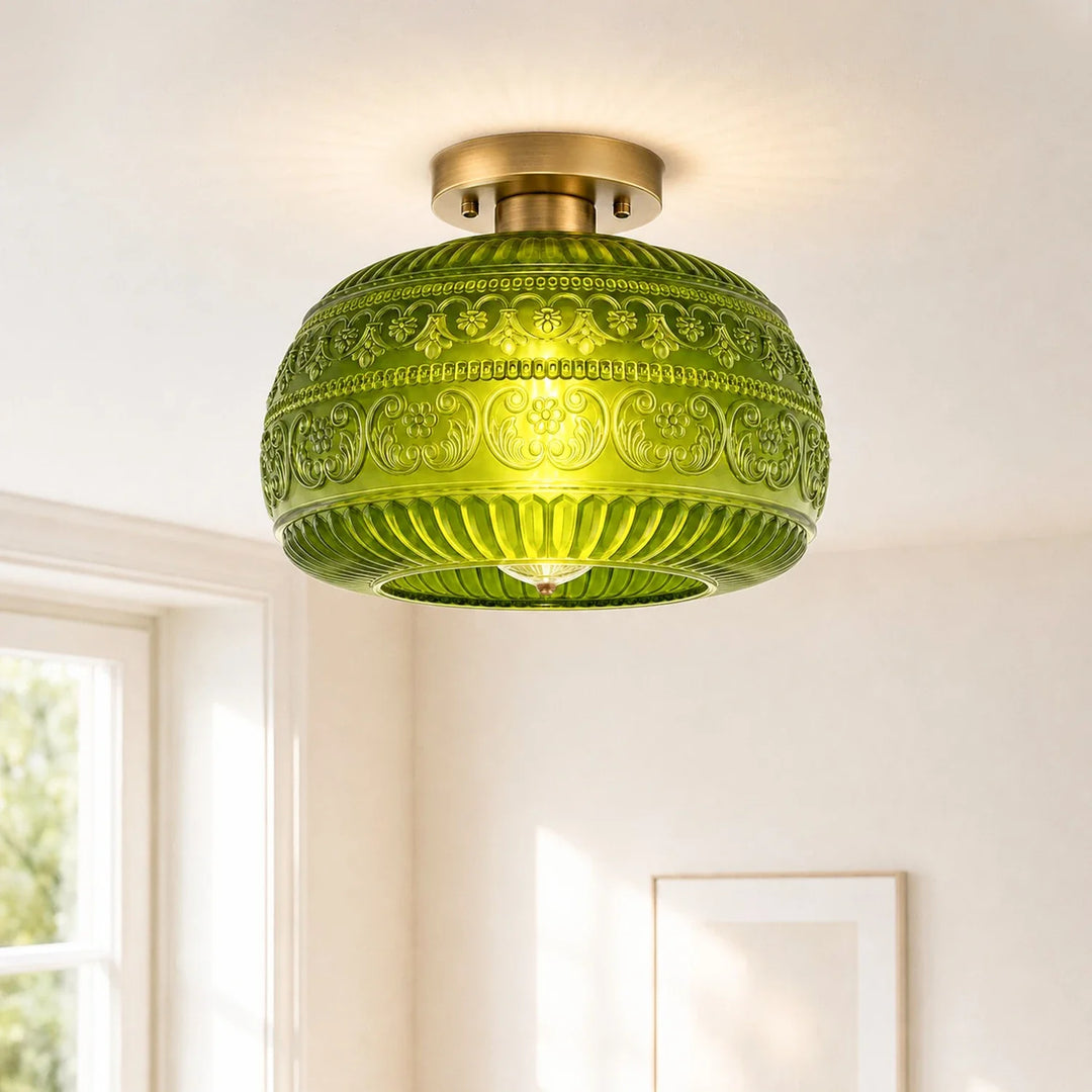 Oliver Carved Glass Oval Vintage Semi Flush Mount Ceiling Light