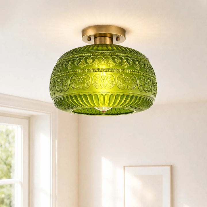 Oliver Carved Glass Oval Vintage Semi Flush Mount Ceiling Light