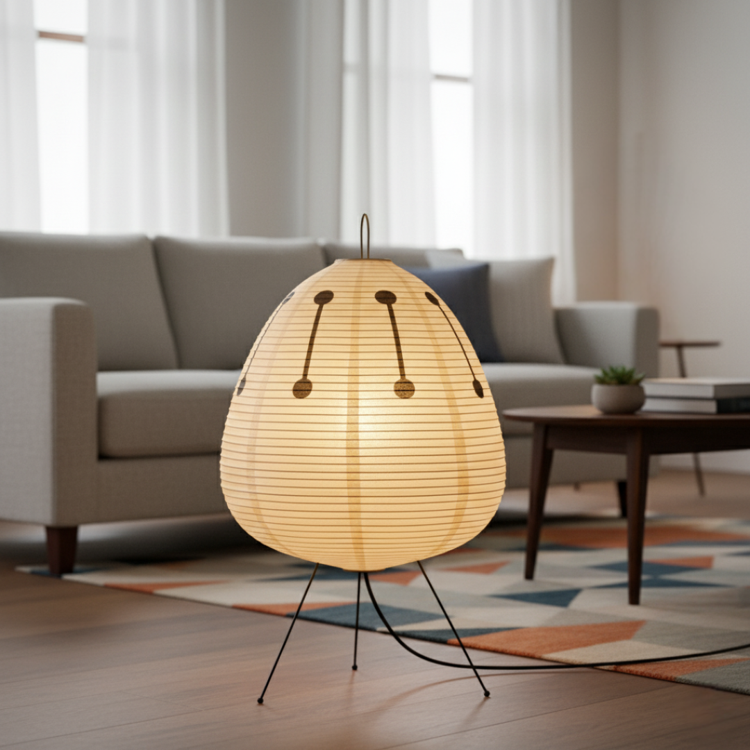 Japanese Rice Paper Lantern Tripod Floor Lamp With Black Metal Legs