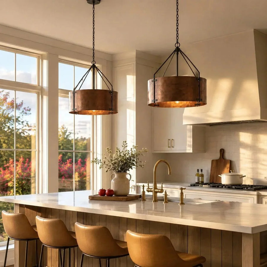 Rustic Bronze Industrial Drum Shade Pendant Light