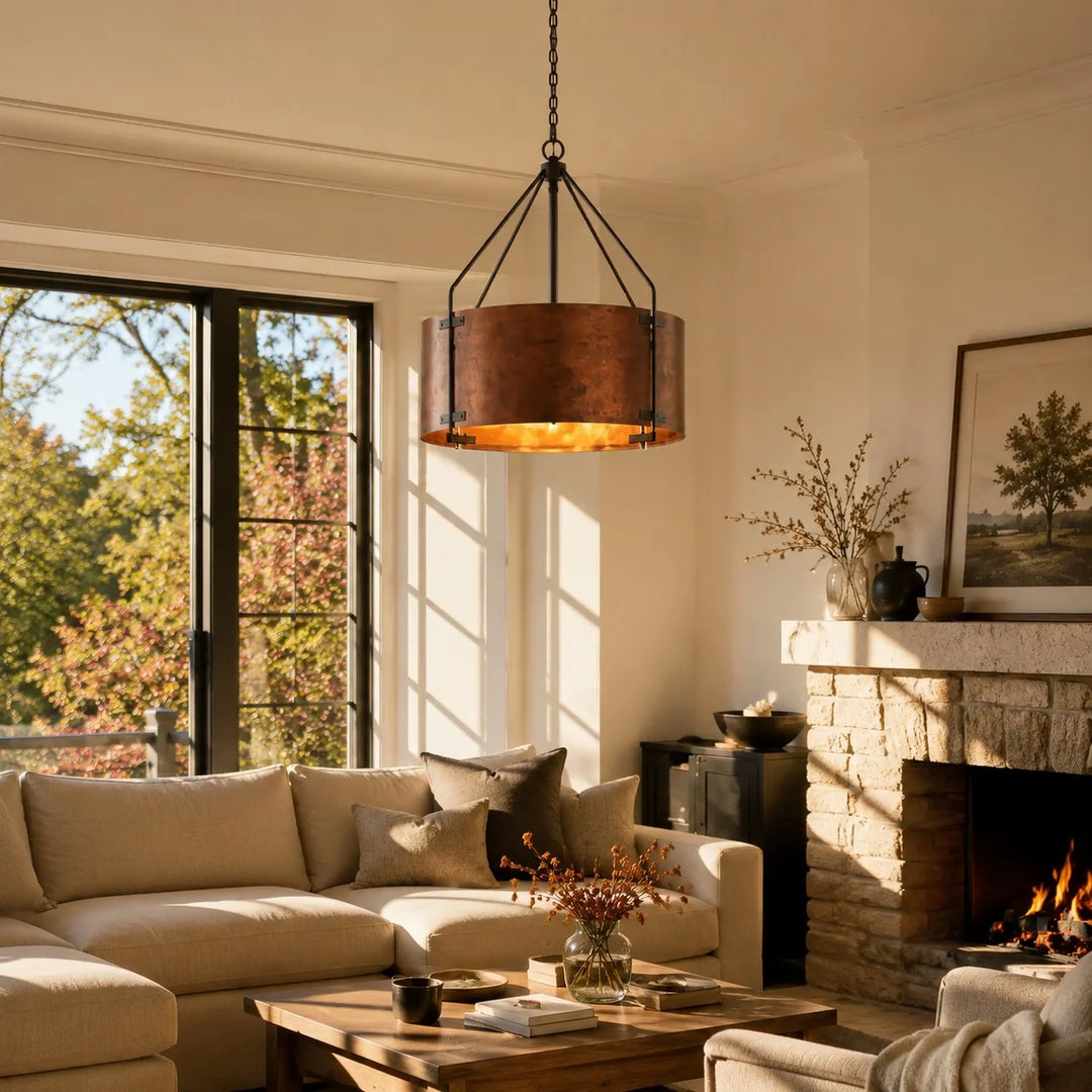 Rustic Bronze Industrial Drum Shade Pendant Light