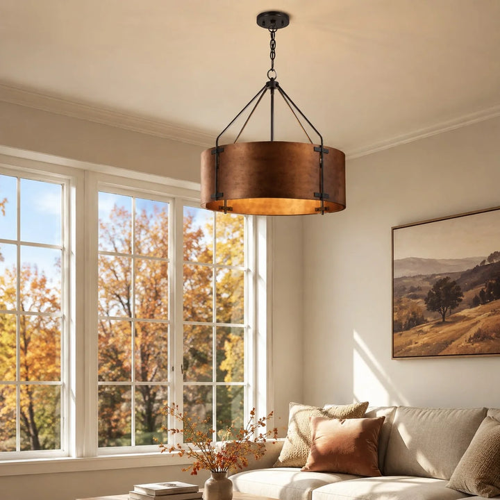 Rustic Bronze Industrial Drum Shade Pendant Light