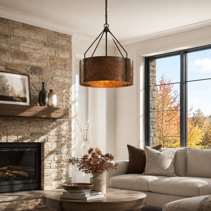 Rustic Bronze Industrial Drum Shade Pendant Light