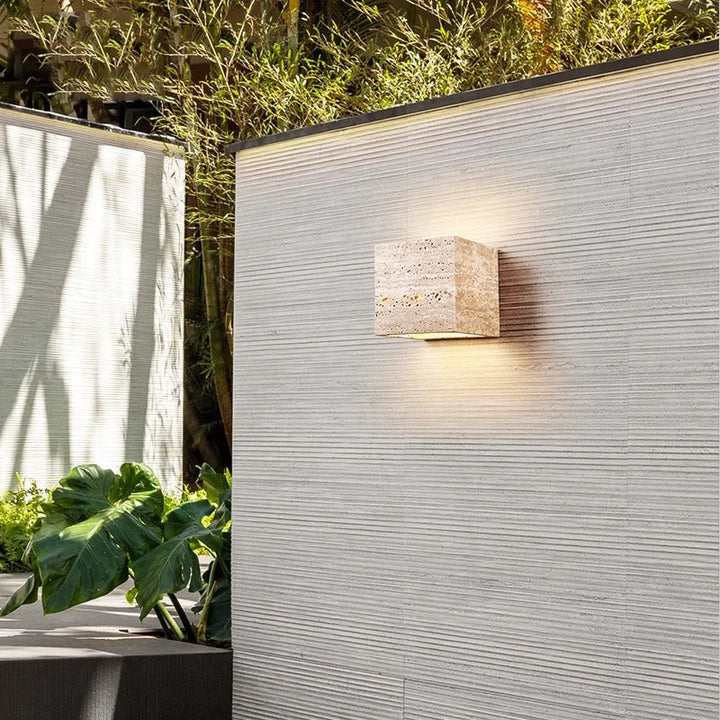 Travertine Cube Outdoor Wall Light | Natural Stone, Up and Down LED