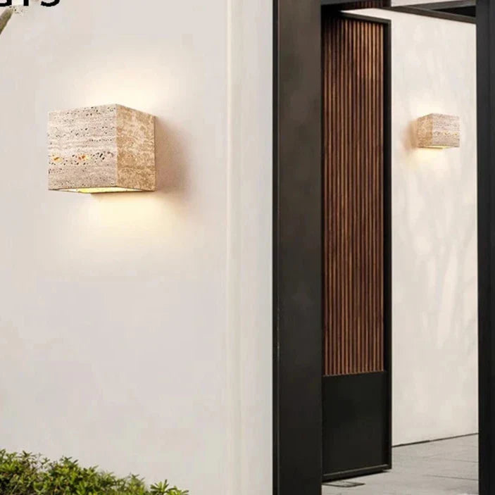 Travertine Cube Outdoor Wall Light | Natural Stone, Up and Down LED