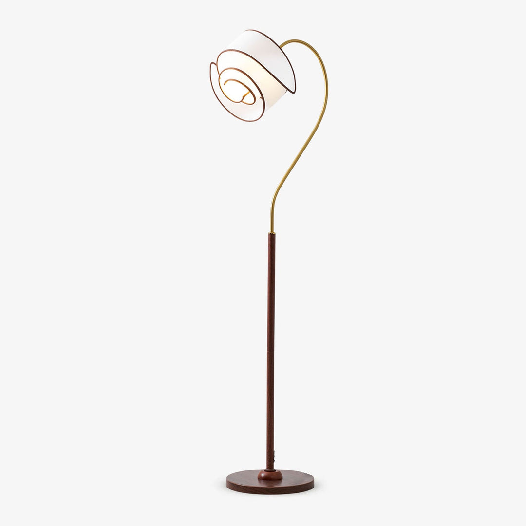 Curved Neck Floor Lamp | Walnut Finish, Ivory Fabric Shade