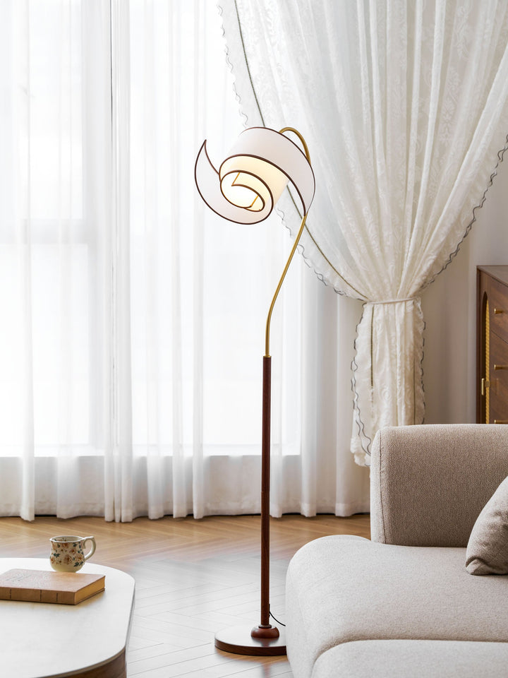 Curved Neck Floor Lamp | Walnut Finish, Ivory Fabric Shade