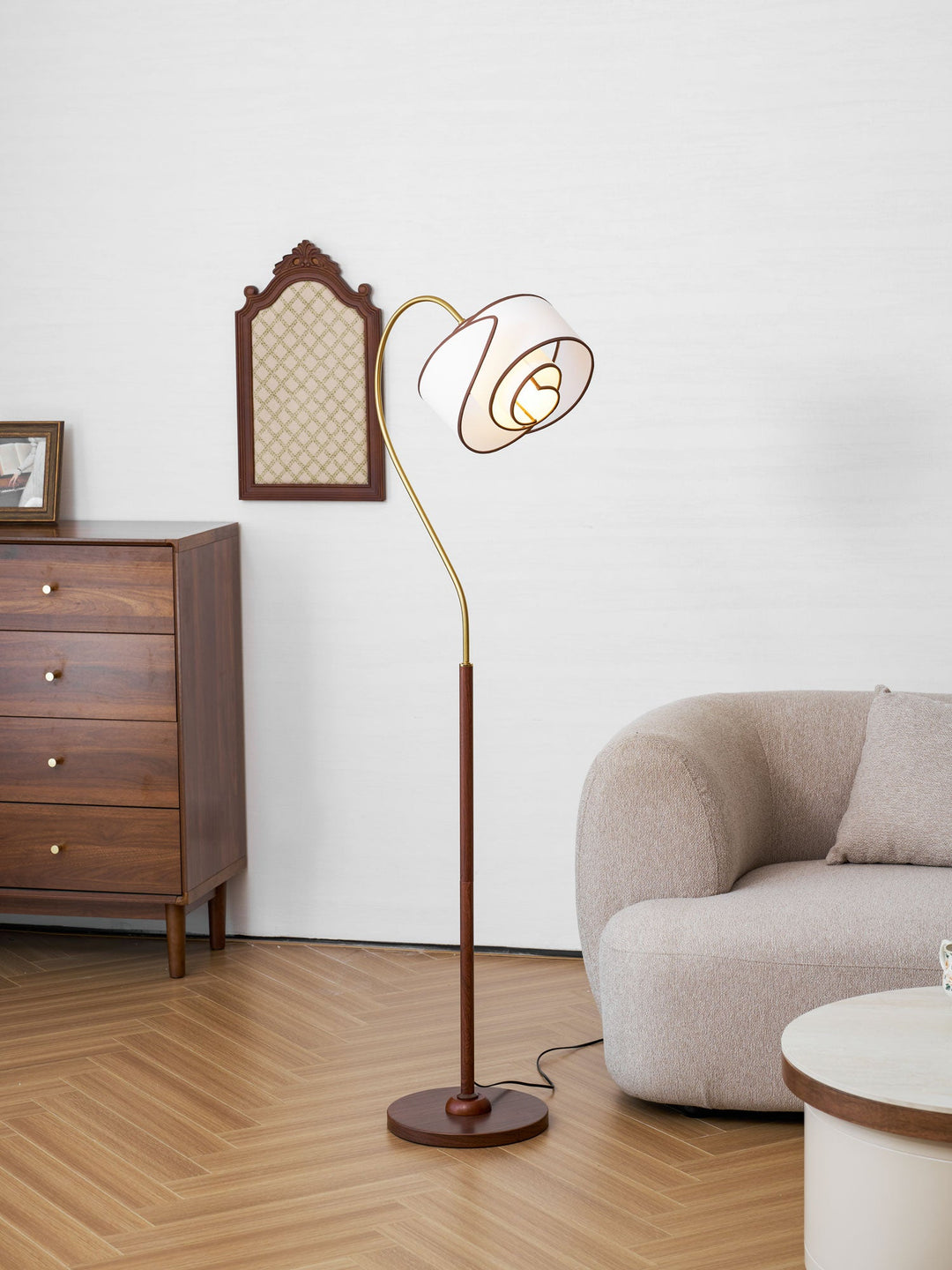 Curved Neck Floor Lamp | Walnut Finish, Ivory Fabric Shade