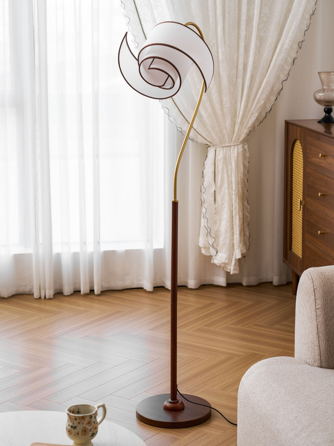 Curved Neck Floor Lamp | Walnut Finish, Ivory Fabric Shade