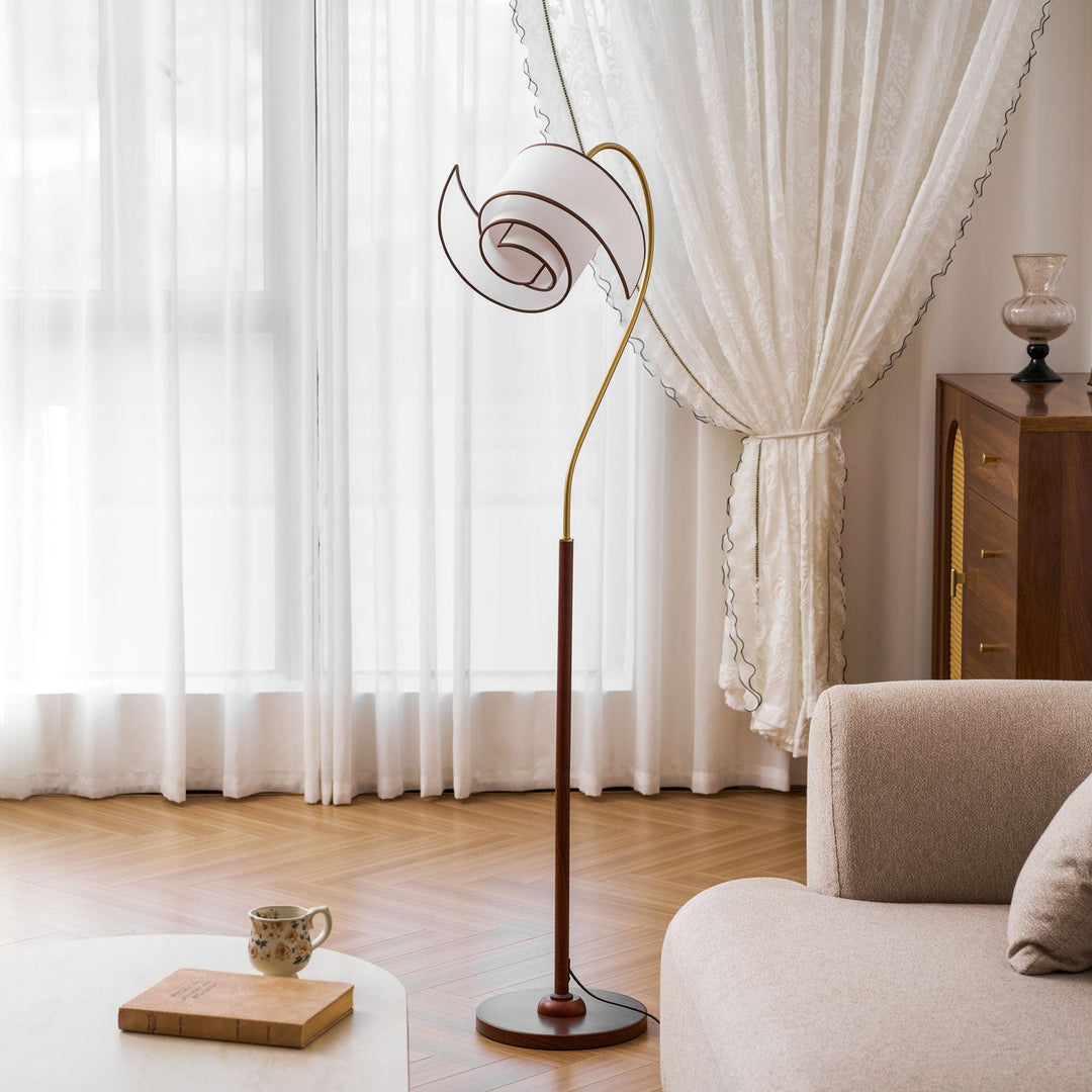 Curved Neck Floor Lamp | Walnut Finish, Ivory Fabric Shade