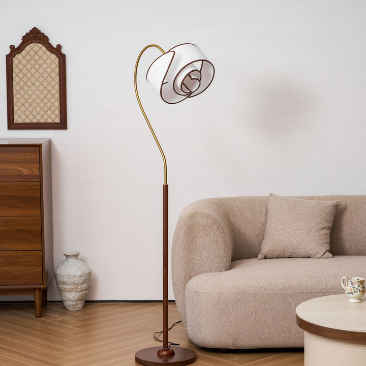 Curved Neck Floor Lamp | Walnut Finish, Ivory Fabric Shade