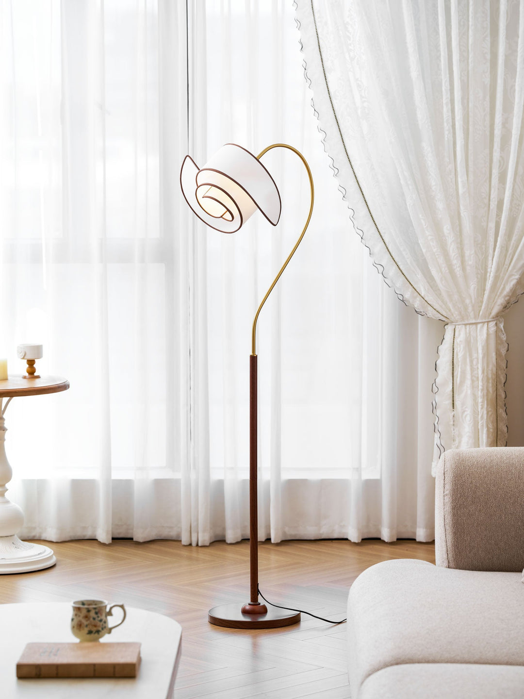 Curved Neck Floor Lamp | Walnut Finish, Ivory Fabric Shade