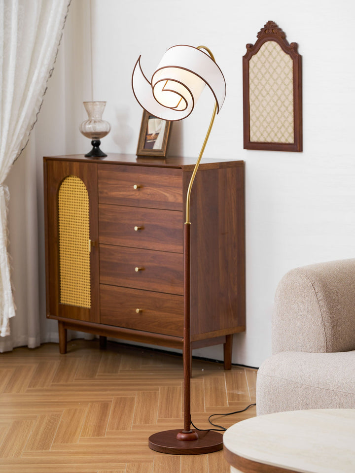 Curved Neck Floor Lamp | Walnut Finish, Ivory Fabric Shade