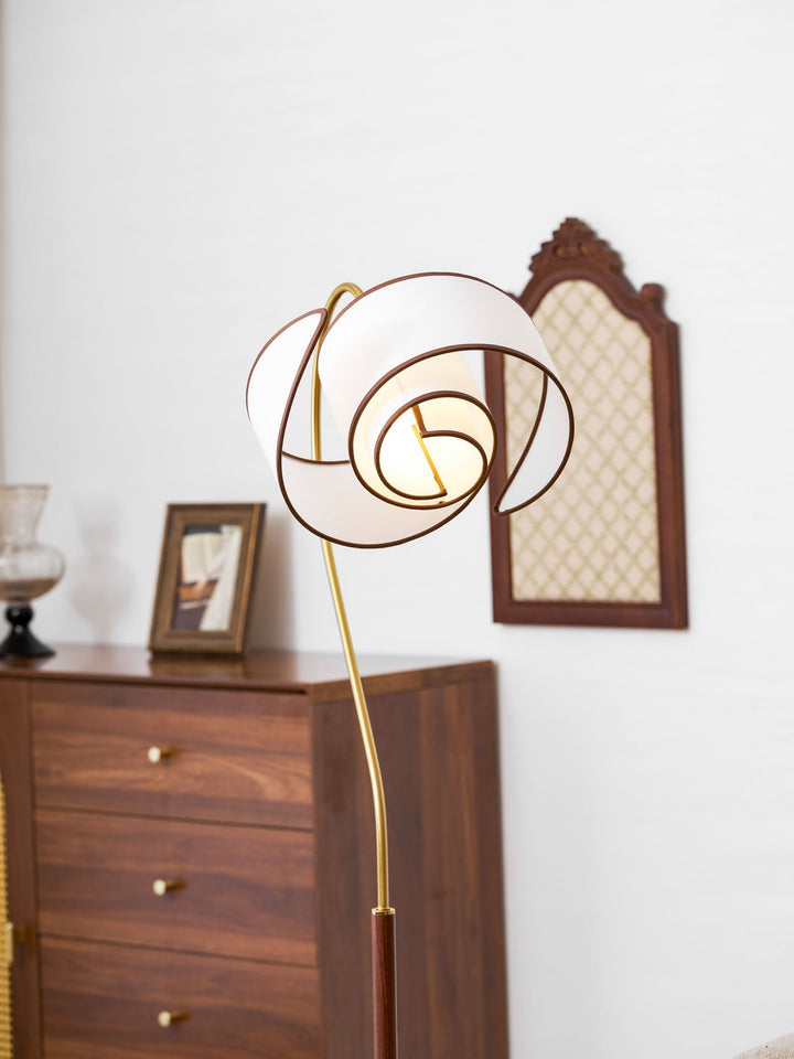 Curved Neck Floor Lamp | Walnut Finish, Ivory Fabric Shade