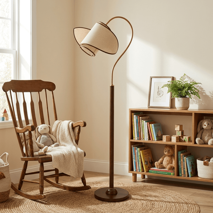 Curved Neck Floor Lamp | Walnut Finish, Ivory Fabric Shade