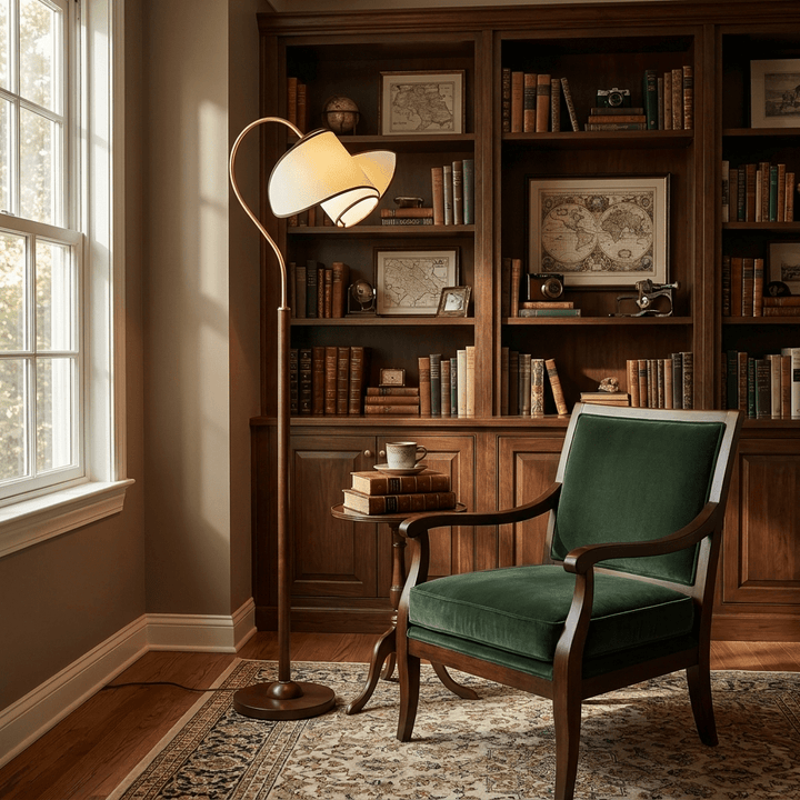 Curved Neck Floor Lamp | Walnut Finish, Ivory Fabric Shade