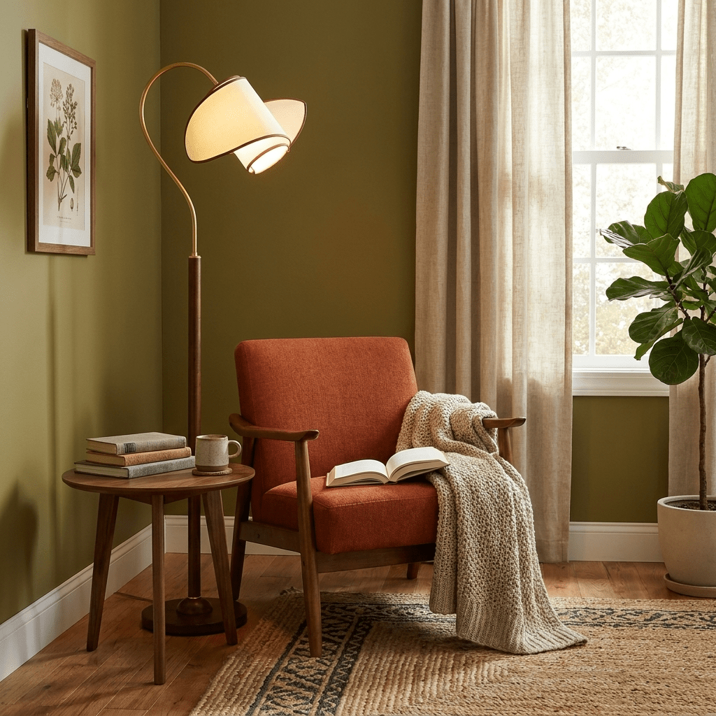 Curved Neck Floor Lamp | Walnut Finish, Ivory Fabric Shade
