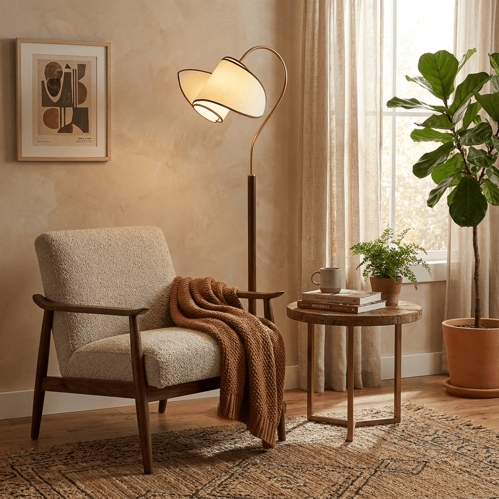 Curved Neck Floor Lamp | Walnut Finish, Ivory Fabric Shade