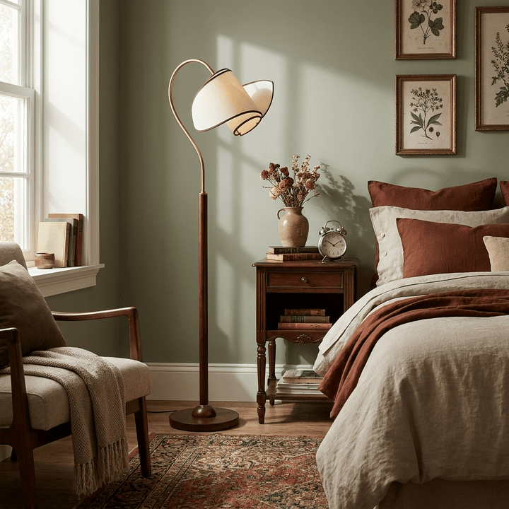 Curved Neck Floor Lamp | Walnut Finish, Ivory Fabric Shade