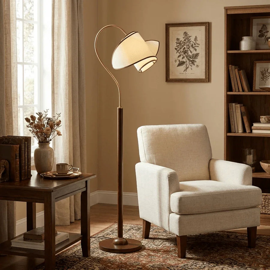 Curved Neck Floor Lamp | Walnut Finish, Ivory Fabric Shade