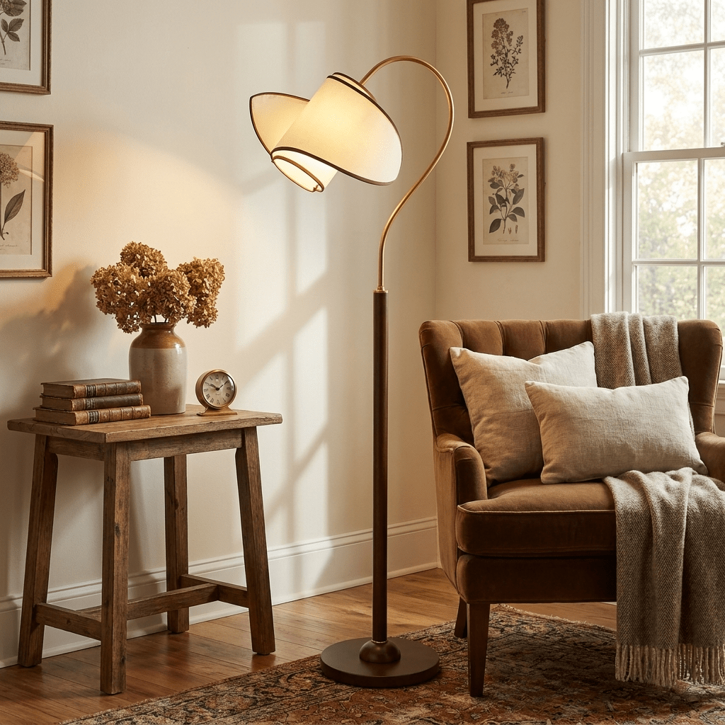 Curved Neck Floor Lamp | Walnut Finish, Ivory Fabric Shade