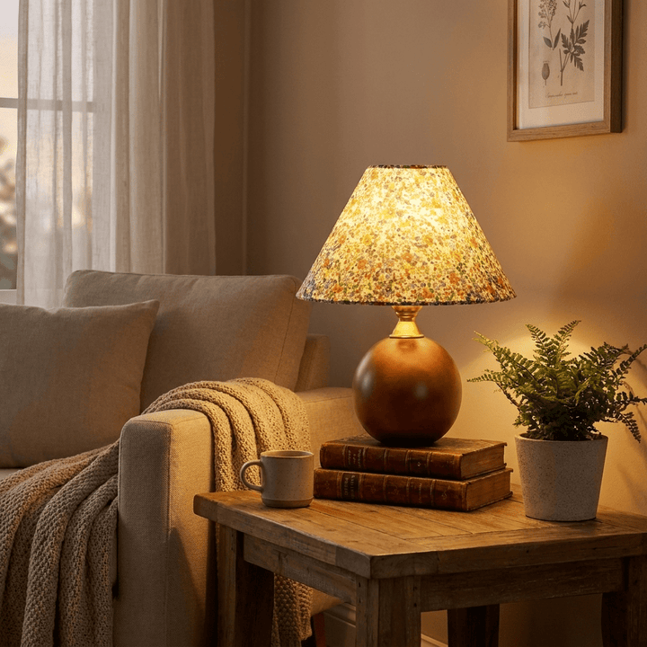 Floral Fabric Table Lamp | Walnut Wood Base