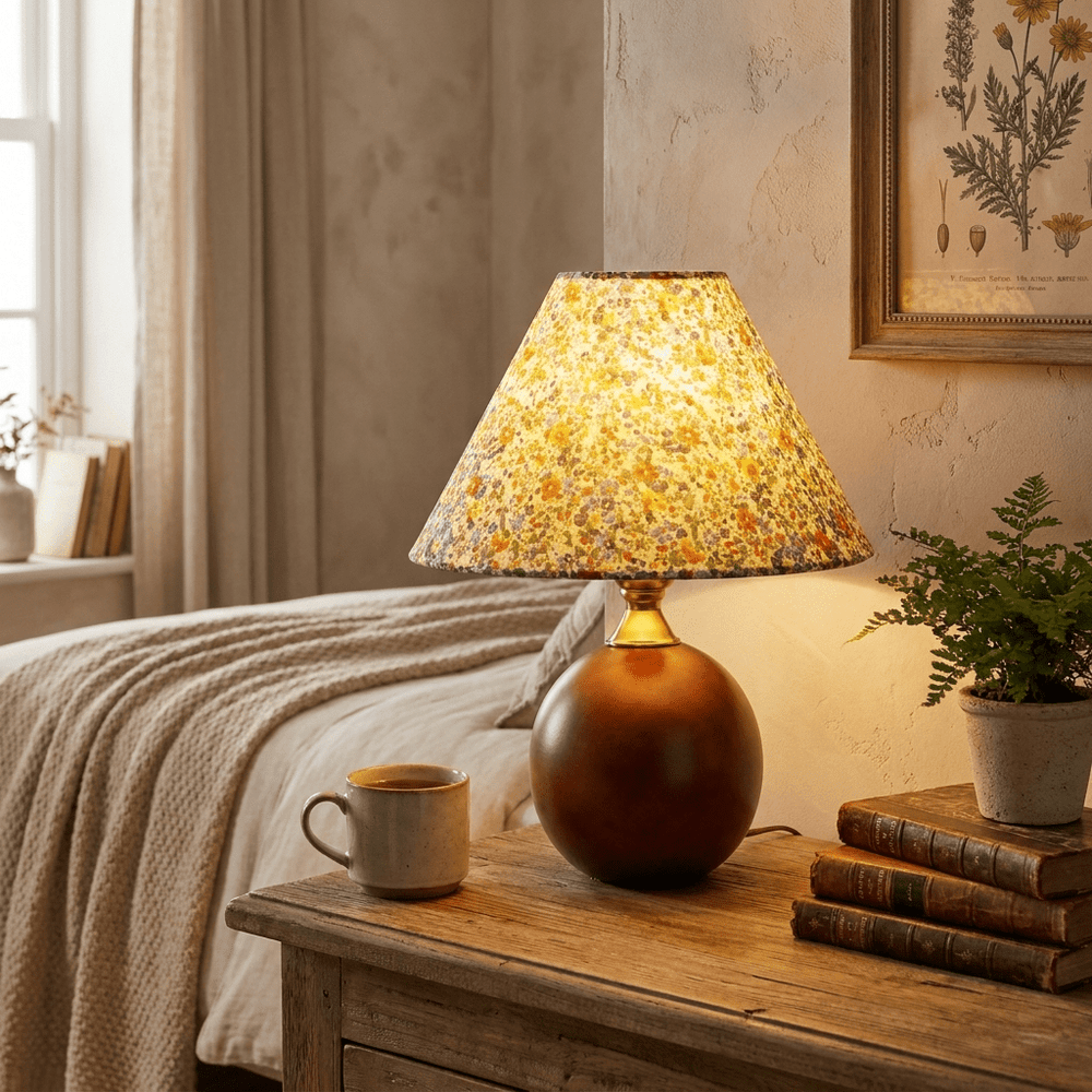 Floral Fabric Table Lamp | Walnut Wood Base