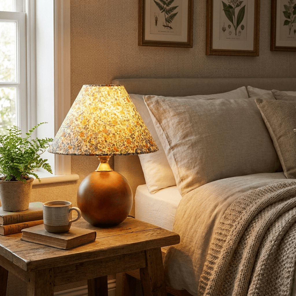 Floral Fabric Table Lamp | Walnut Wood Base