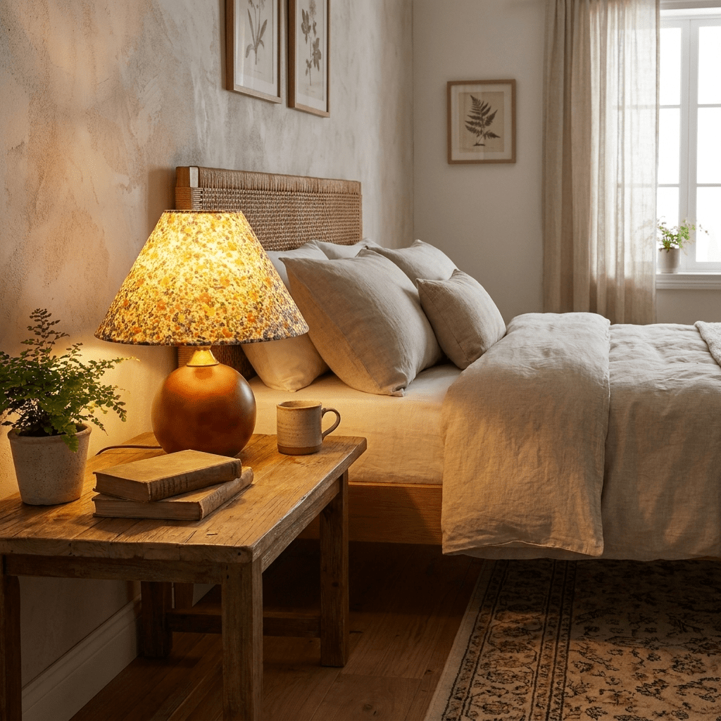 Floral Fabric Table Lamp | Walnut Wood Base