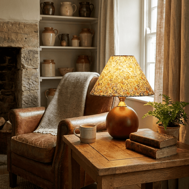 Floral Fabric Table Lamp | Walnut Wood Base
