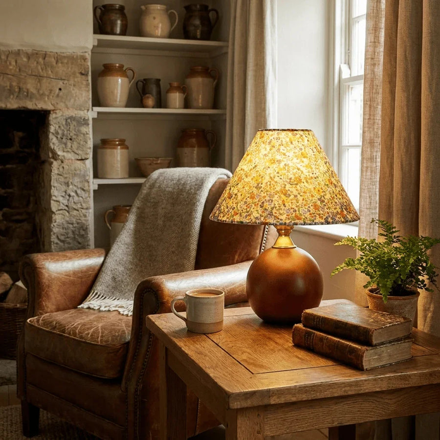 Floral Fabric Table Lamp | Walnut Wood Base