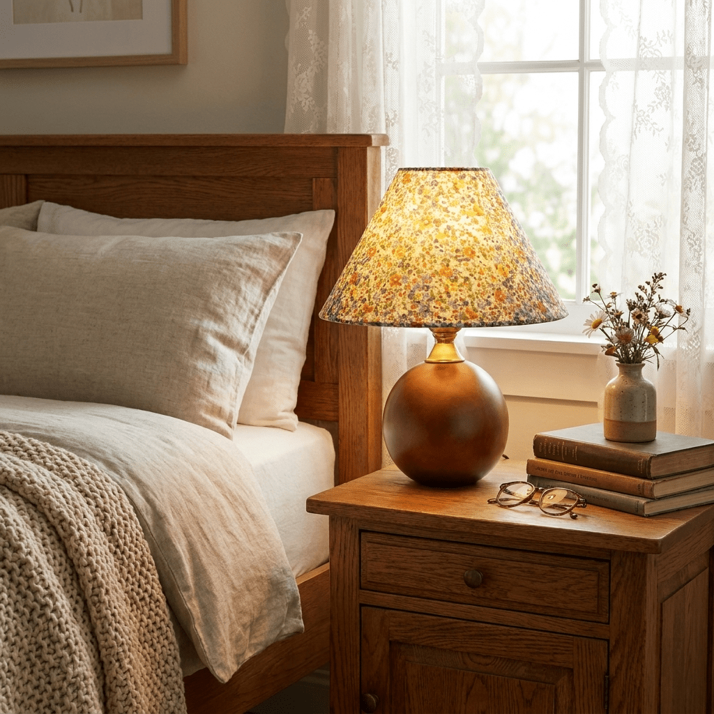 Floral Fabric Table Lamp | Walnut Wood Base