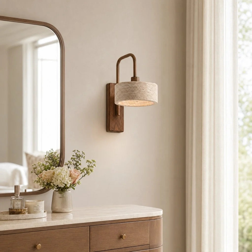 Tavik Vintage Rustic Travertine Stone Cylinder Wall Sconce