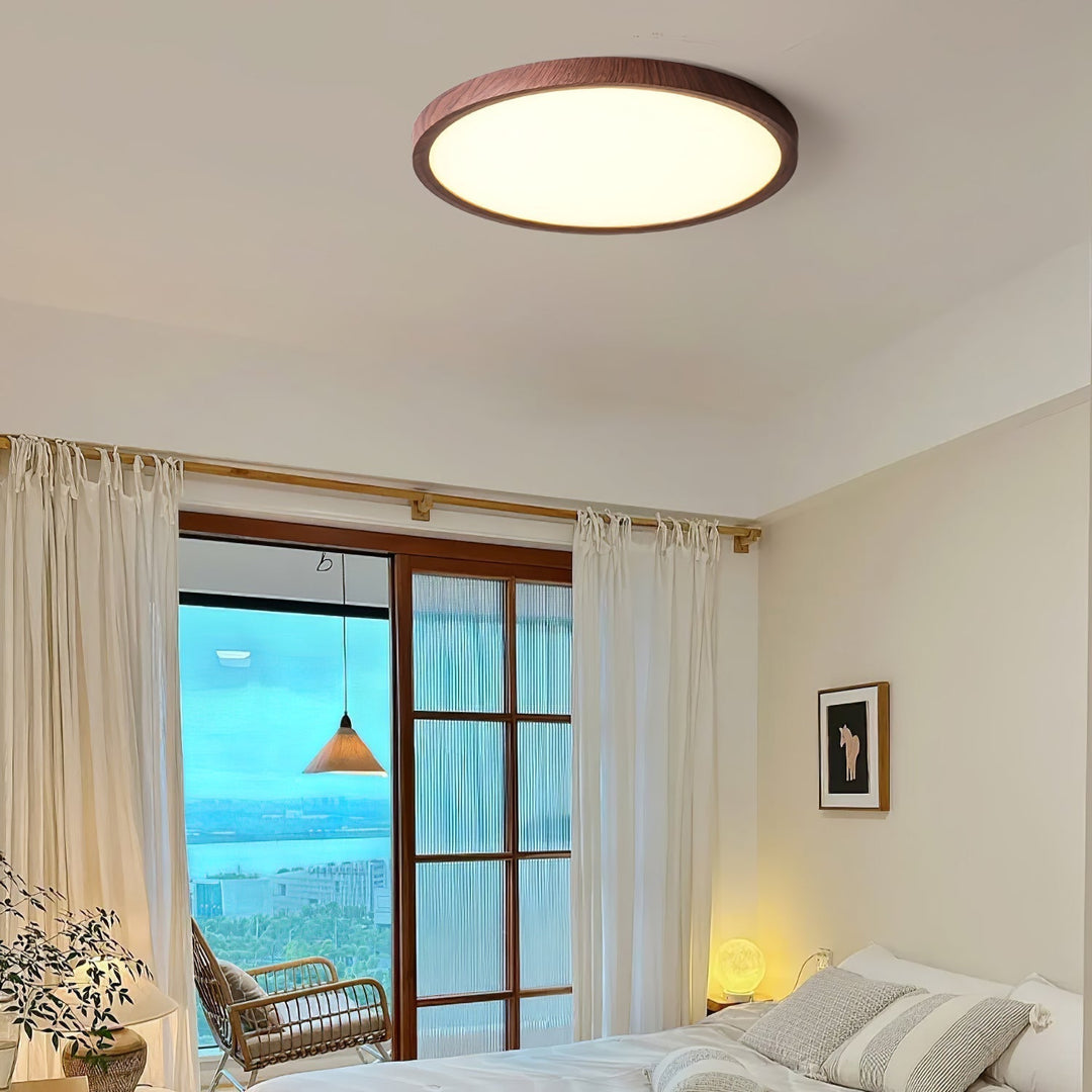 Walnut Wood Effect LED Flush Ceiling Light | Slim, 30-50 cm