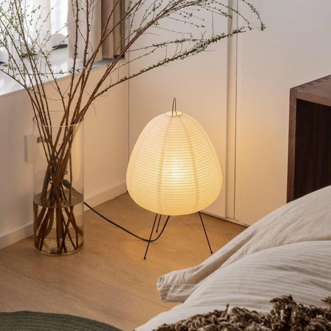 Japanese Rice Paper Lantern Tripod Floor Lamp With Black Metal Legs