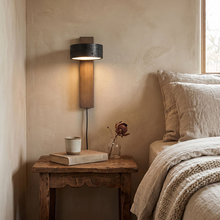 Black Travertine Disc Plug-in Wall Light | Walnut Base, LED