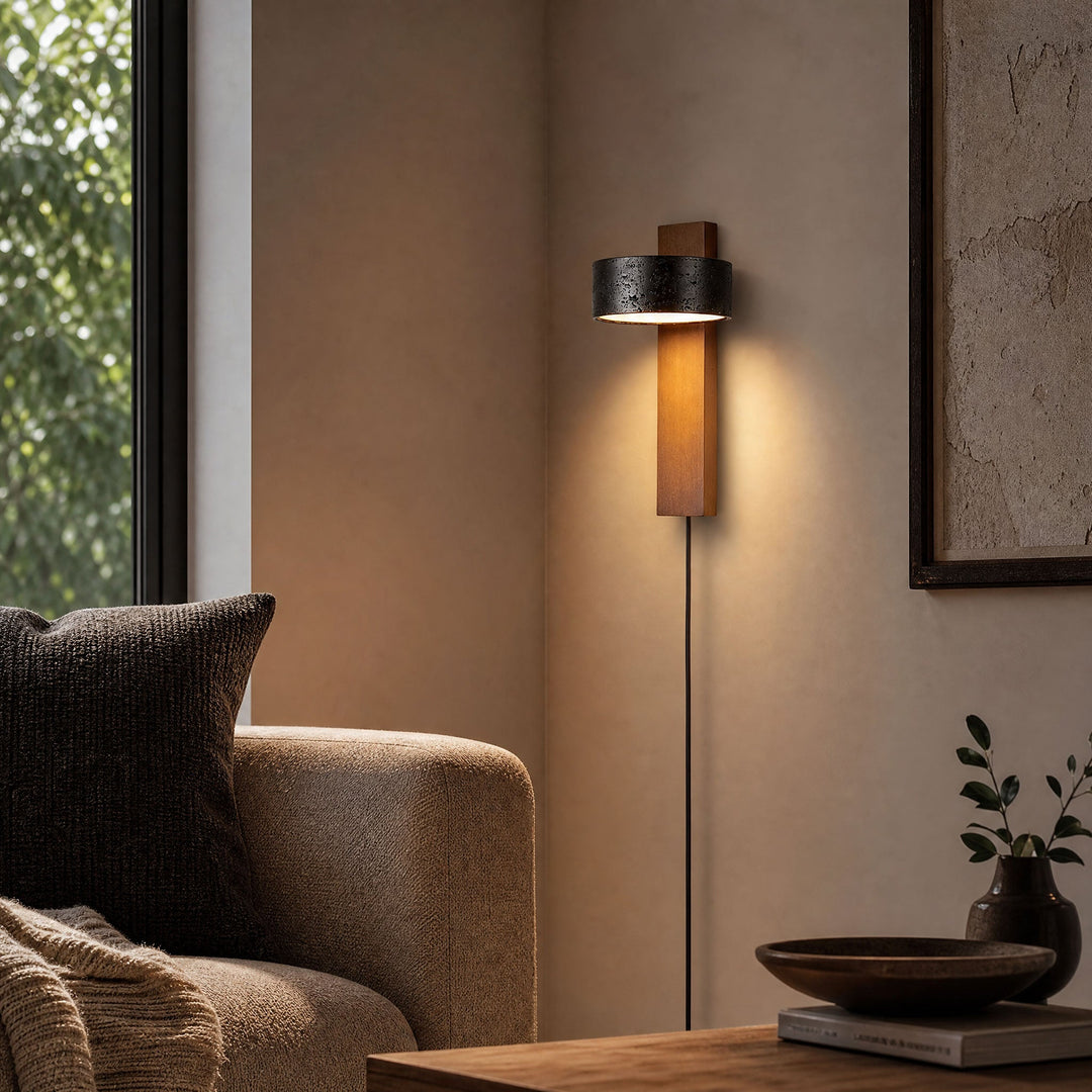 Black Travertine Disc Plug-in Wall Light | Walnut Base, LED