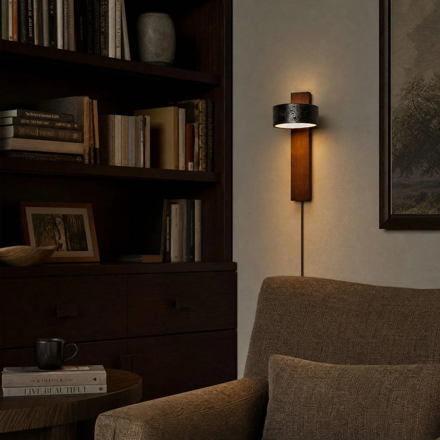 Black Travertine Disc Plug-in Wall Light | Walnut Base, LED
