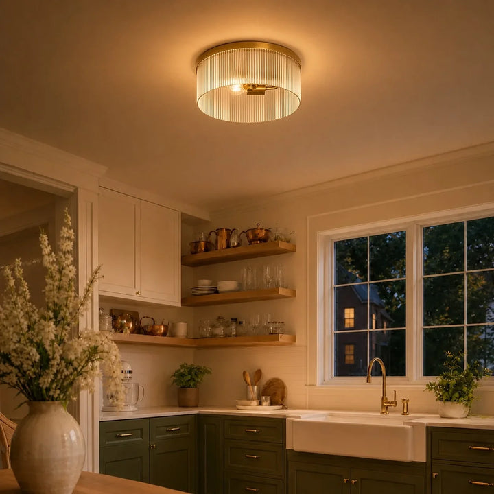 Vesper Farmhouse Round Ribbed Glass Flush Mount Ceiling Light