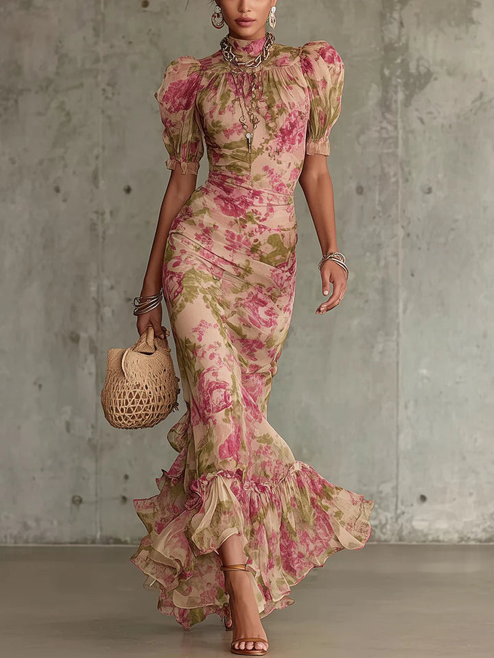 Women's Puff-Sleeve Vintage-Style Maxi Summer Dress in Pink – image 1