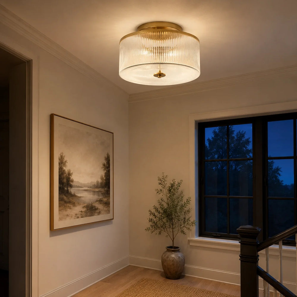 Vireo Farmhouse Drum-Shaped Ribbed Glass Ceiling Light