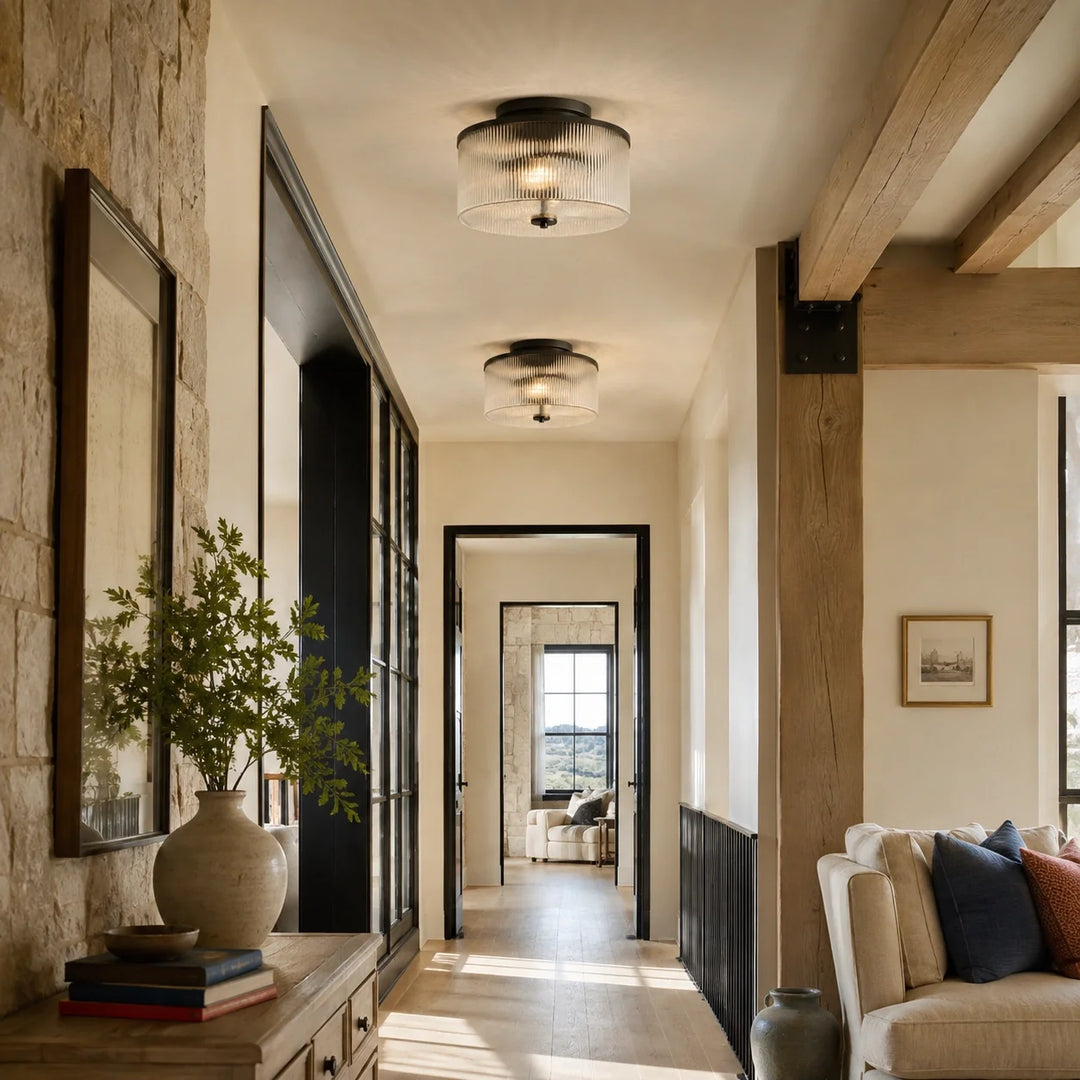 Vireo Farmhouse Drum-Shaped Ribbed Glass Ceiling Light