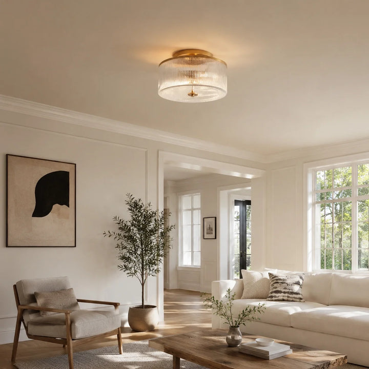 Vireo Farmhouse Drum-Shaped Ribbed Glass Ceiling Light