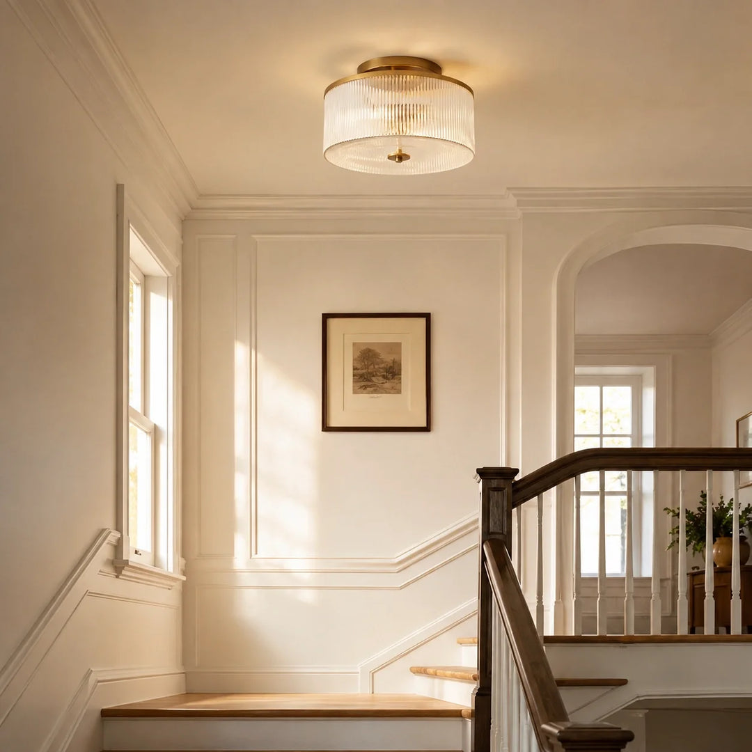 Vireo Farmhouse Drum-Shaped Ribbed Glass Ceiling Light