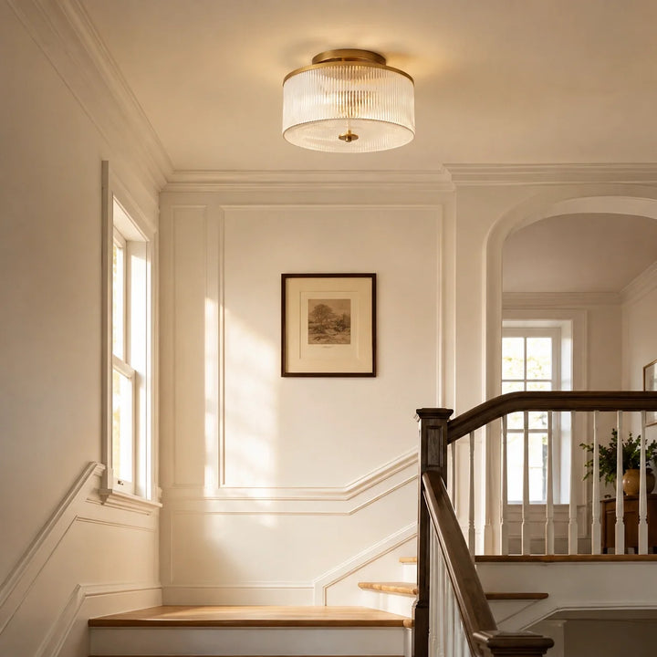 Vireo Farmhouse Drum-Shaped Ribbed Glass Ceiling Light