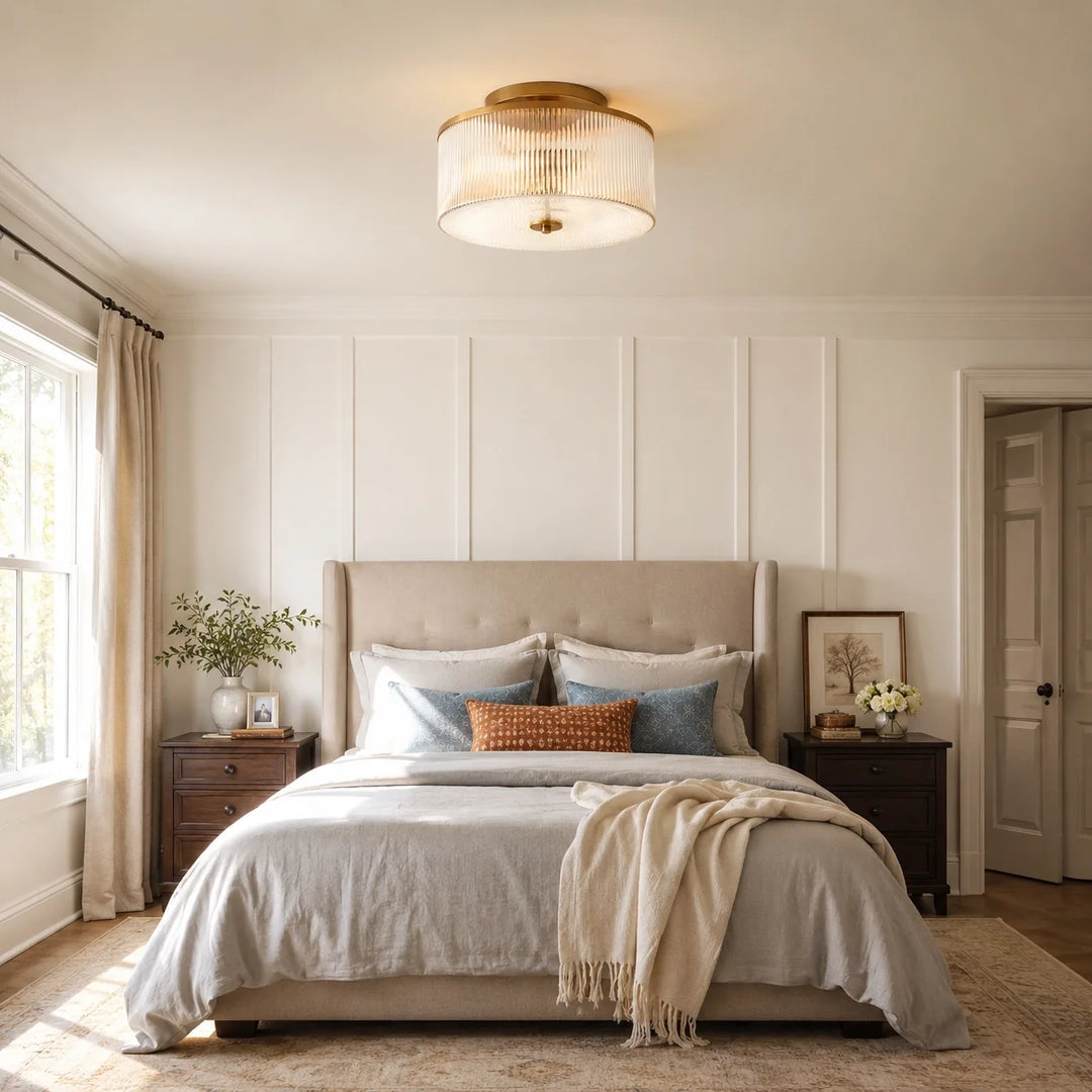 Vireo Farmhouse Drum-Shaped Ribbed Glass Ceiling Light